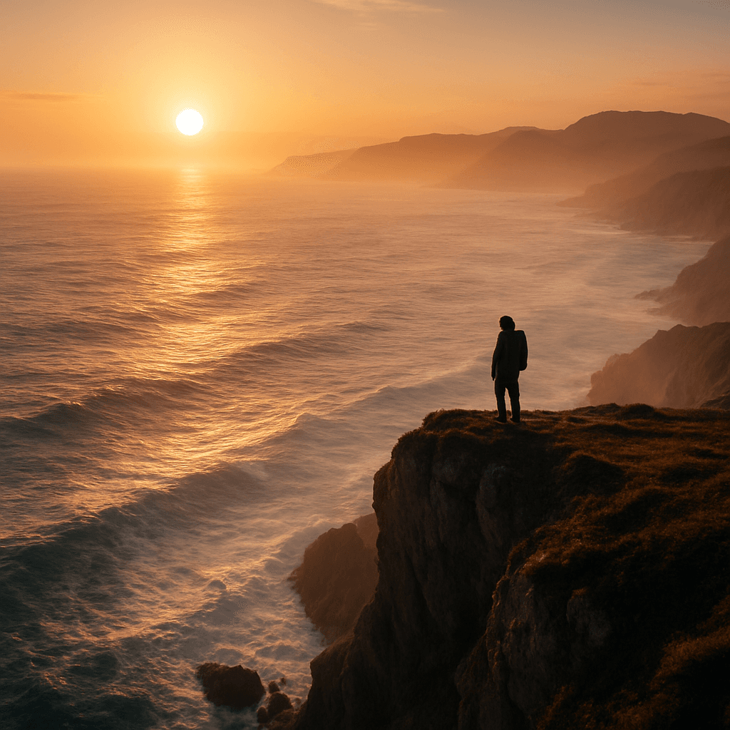 A person looking across a coastal landscape toward an open horizon